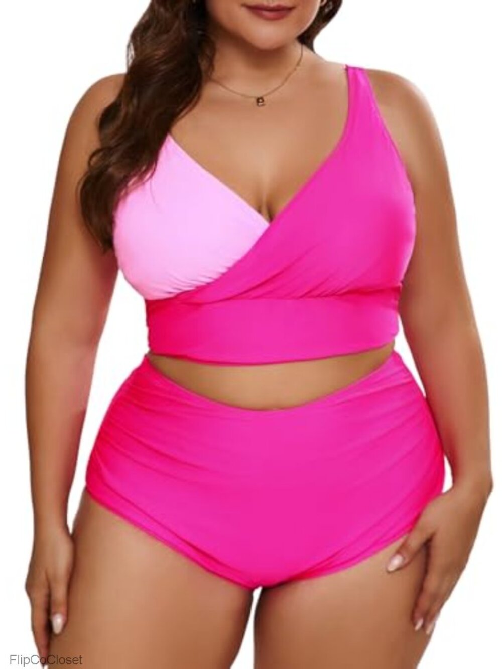 Plus Size High Waisted Two Piece Bikini Set V Neck Color Block Swim